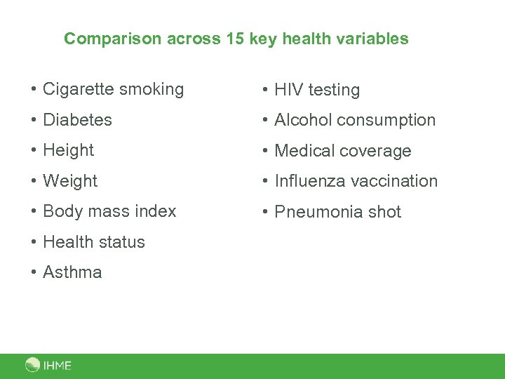 Comparison across 15 key health variables • Cigarette smoking • HIV testing • Diabetes