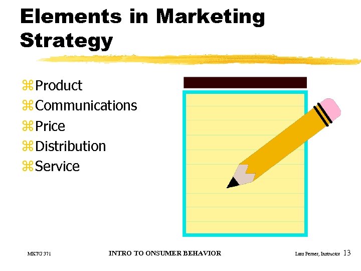 Elements in Marketing Strategy z Product z Communications z Price z Distribution z Service