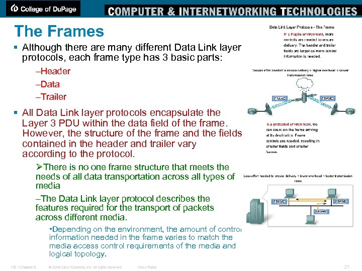 The Frames § Although there are many different Data Link layer protocols, each frame