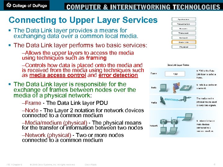 Connecting to Upper Layer Services § The Data Link layer provides a means for
