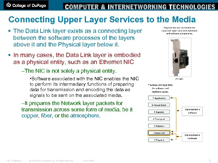 Connecting Upper Layer Services to the Media § The Data Link layer exists as