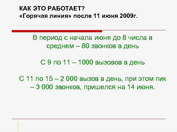 КАК ЭТО РАБОТАЕТ? «Горячая линия» после 11 июня 2009 г. В период с начала