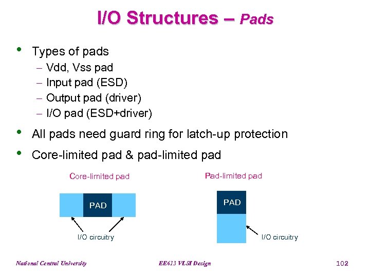 I/O Structures – Pads • Types of pads - • • Vdd, Vss pad