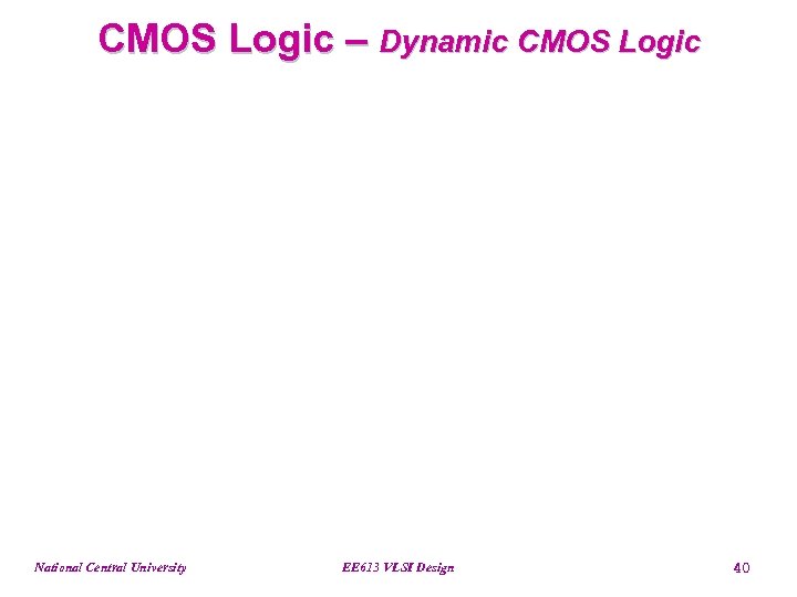 CMOS Logic – Dynamic CMOS Logic National Central University EE 613 VLSI Design 40