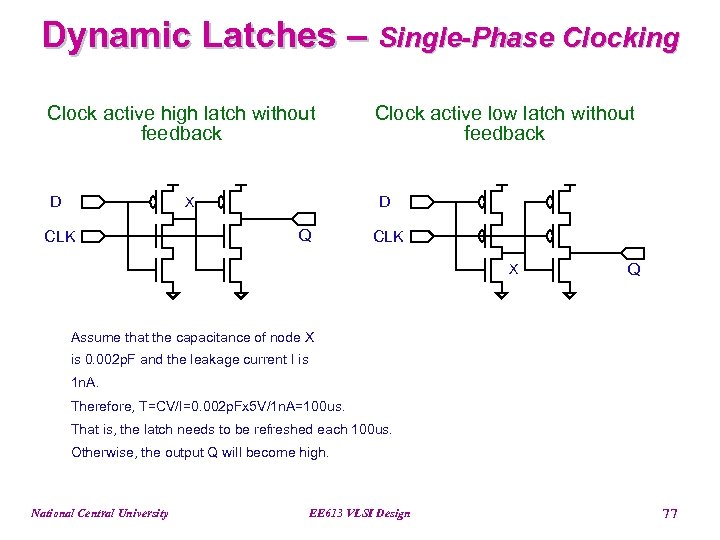 Dynamic Latches – Single-Phase Clocking Clock active high latch without feedback Clock active low