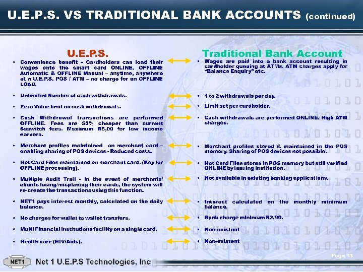 U. E. P. S. VS TRADITIONAL BANK ACCOUNTS (continued) Page 11 