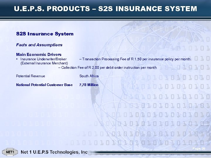 U. E. P. S. PRODUCTS – S 2 S INSURANCE SYSTEM S 2 S