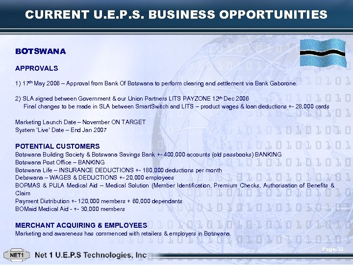 CURRENT U. E. P. S. BUSINESS OPPORTUNITIES BOTSWANA APPROVALS 1) 17 th May 2006