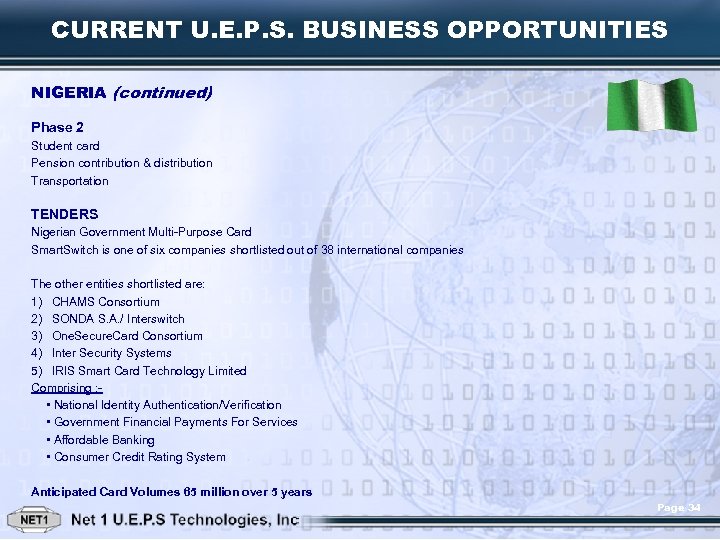CURRENT U. E. P. S. BUSINESS OPPORTUNITIES NIGERIA (continued) Phase 2 Student card Pension