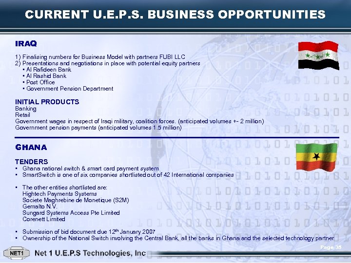 CURRENT U. E. P. S. BUSINESS OPPORTUNITIES IRAQ 1) Finalising numbers for Business Model