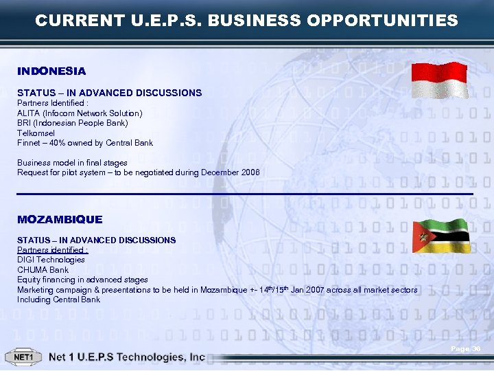 CURRENT U. E. P. S. BUSINESS OPPORTUNITIES INDONESIA STATUS – IN ADVANCED DISCUSSIONS Partners