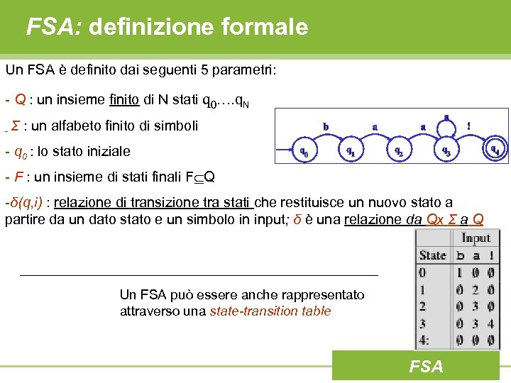 FSA: definizione formale Un FSA è definito dai seguenti 5 parametri: - Q :
