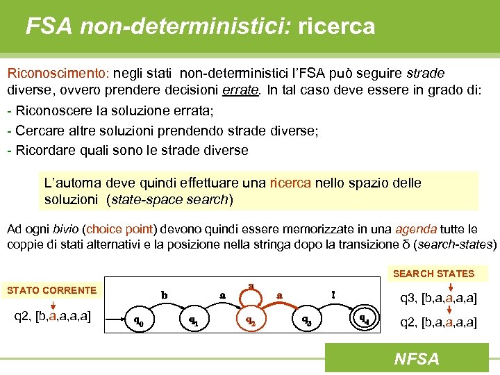 FSA non-deterministici: ricerca Riconoscimento: negli stati non-deterministici l’FSA può seguire strade diverse, ovvero prendere