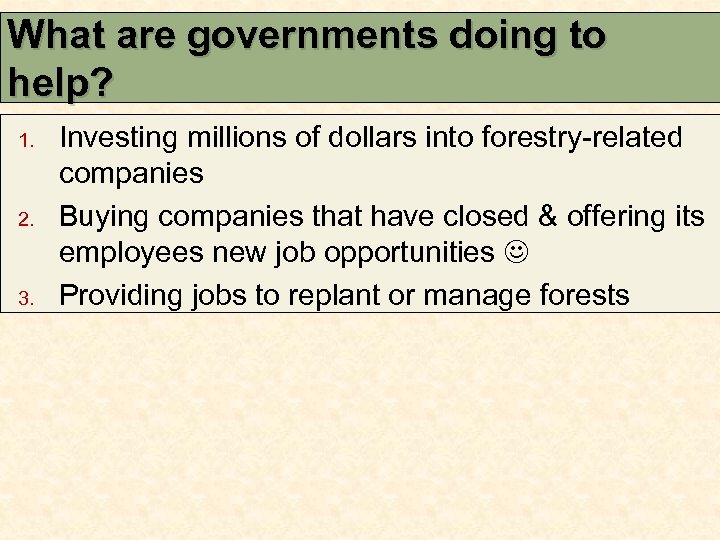 What are governments doing to help? 1. 2. 3. Investing millions of dollars into
