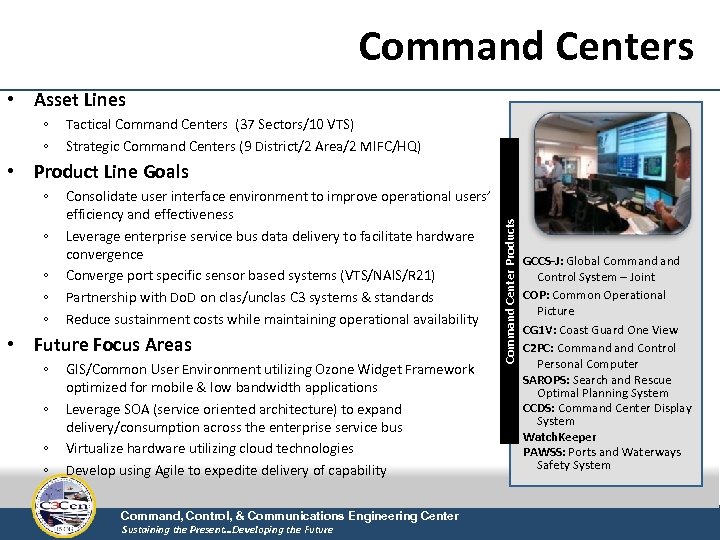Command Centers • Asset Lines ◦ ◦ Tactical Command Centers (37 Sectors/10 VTS) Strategic