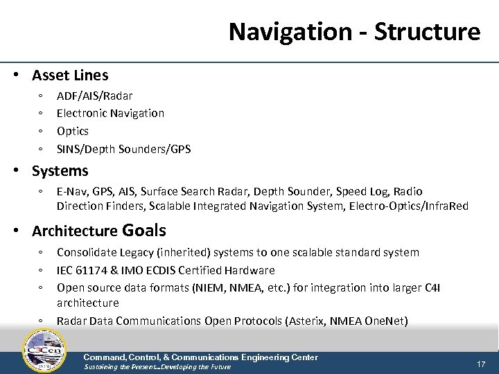 Navigation - Structure • Asset Lines ◦ ◦ ADF/AIS/Radar Electronic Navigation Optics SINS/Depth Sounders/GPS
