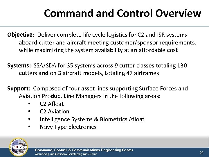 Command Control Overview Objective: Deliver complete life cycle logistics for C 2 and ISR