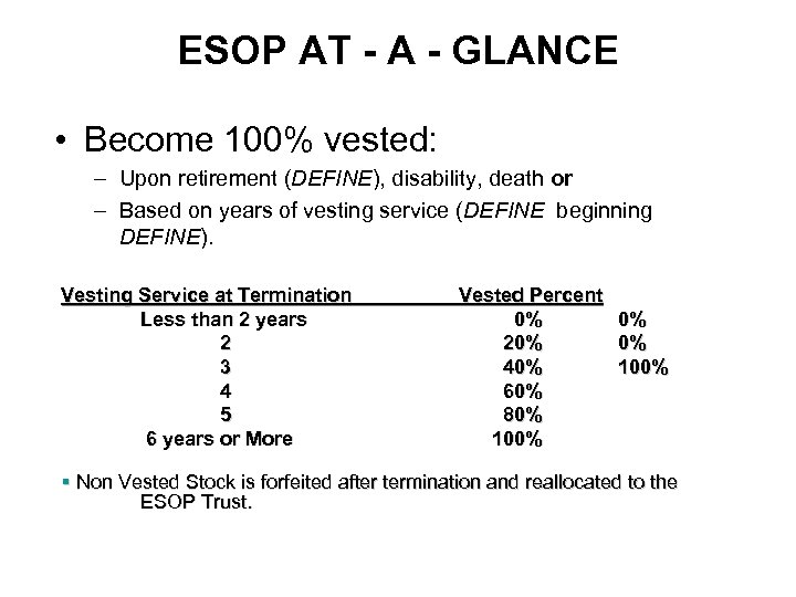 ESOP AT - A - GLANCE • Become 100% vested: – Upon retirement (DEFINE),