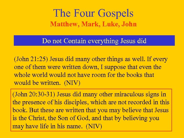 The Four Gospels Matthew, Mark, Luke, John Do not Contain everything Jesus did (John