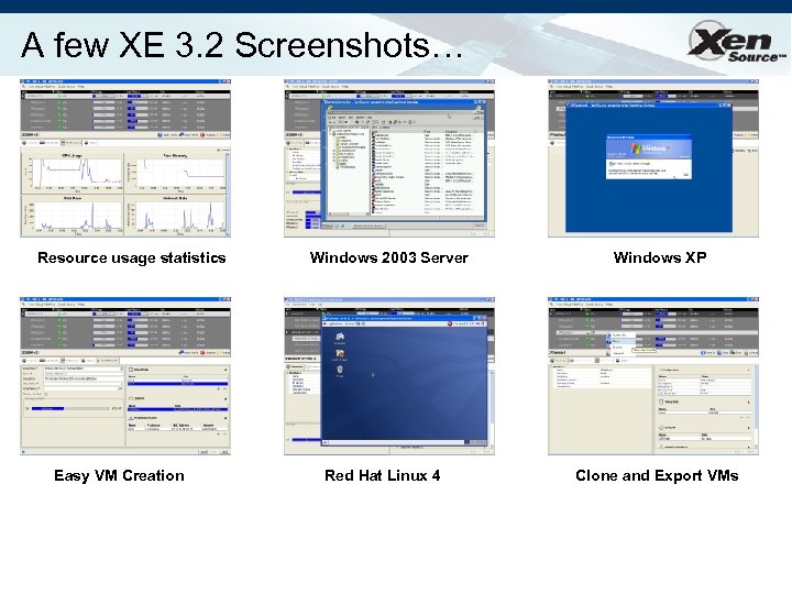 A few XE 3. 2 Screenshots… Resource usage statistics Easy VM Creation Windows 2003