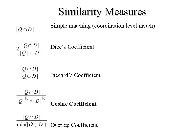 Similarity Measures Simple matching (coordination level match) Dice’s Coefficient Jaccard’s Coefficient Cosine Coefficient Overlap