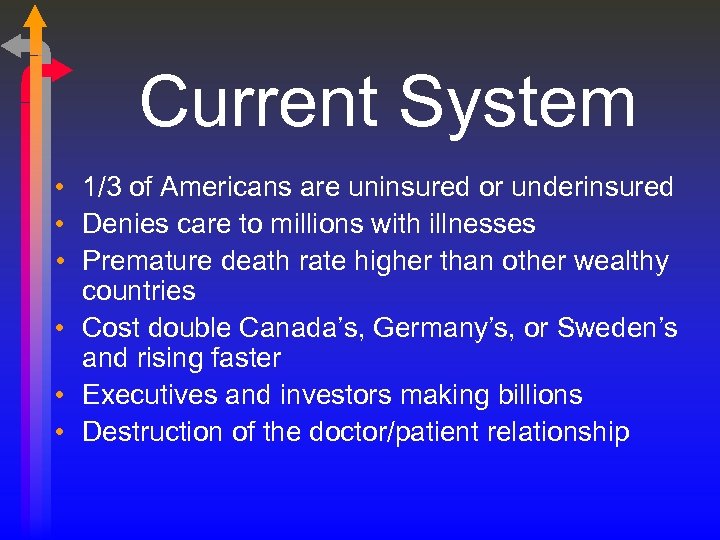 Current System • 1/3 of Americans are uninsured or underinsured • Denies care to