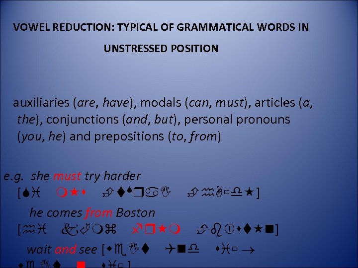 VOWEL REDUCTION: TYPICAL OF GRAMMATICAL WORDS IN UNSTRESSED POSITION auxiliaries (are, have), modals (can,