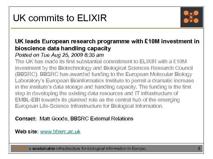 UK commits to ELIXIR UK leads European research programme with £ 10 M investment