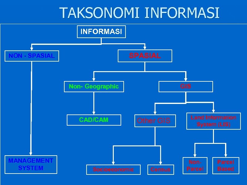 TAKSONOMI INFORMASI SPASIAL NON - SPASIAL Non- Geographic CAD/CAM MANAGEMENT SYSTEM Socioeconomic GIS Other