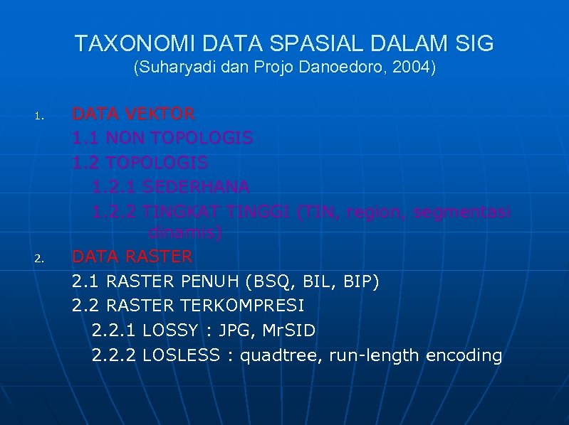 TAXONOMI DATA SPASIAL DALAM SIG (Suharyadi dan Projo Danoedoro, 2004) 1. 2. DATA VEKTOR