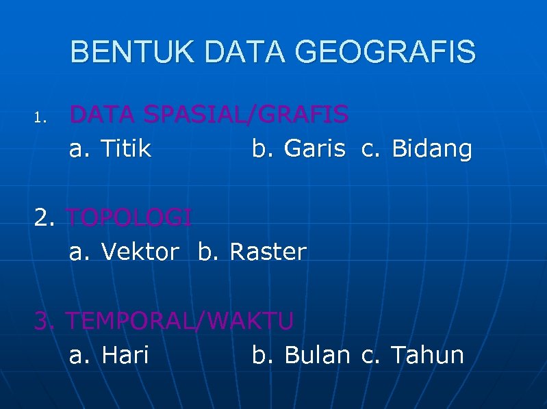 BENTUK DATA GEOGRAFIS 1. DATA SPASIAL/GRAFIS a. Titik b. Garis c. Bidang 2. TOPOLOGI