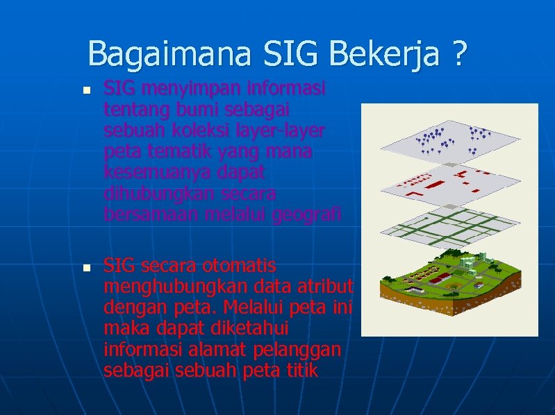Bagaimana SIG Bekerja ? n n SIG menyimpan informasi tentang bumi sebagai sebuah koleksi
