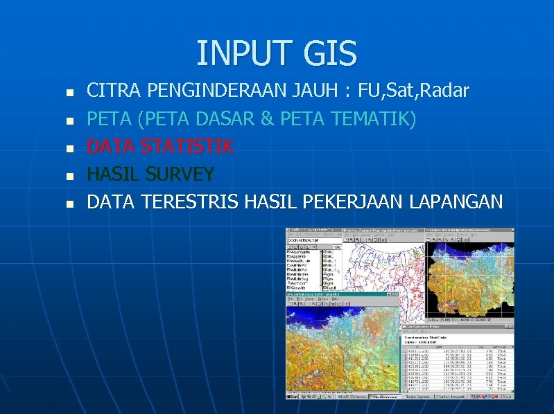 INPUT GIS n n n CITRA PENGINDERAAN JAUH : FU, Sat, Radar PETA (PETA