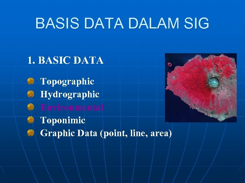 BASIS DATA DALAM SIG 1. BASIC DATA Topographic Hydrographic Environmental Toponimic Graphic Data (point,