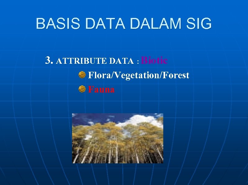 BASIS DATA DALAM SIG 3. ATTRIBUTE DATA : Biotic Flora/Vegetation/Forest Fauna 