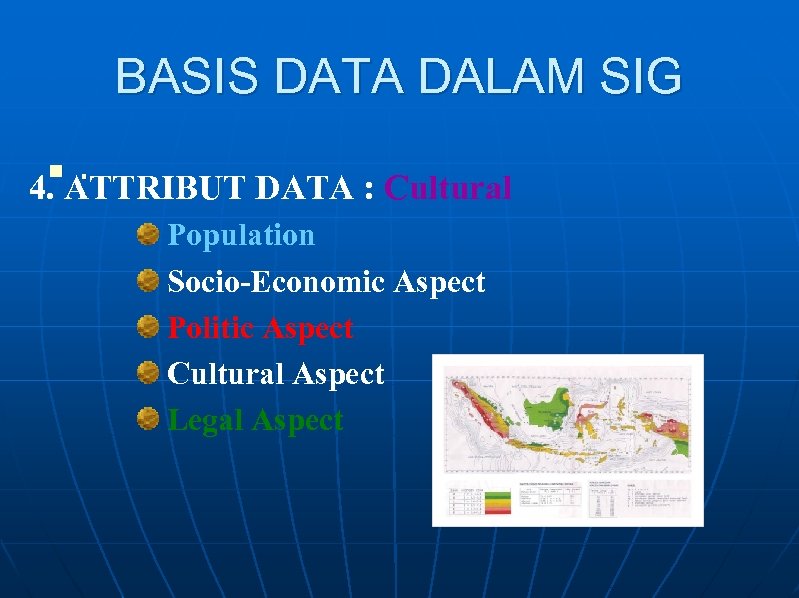 BASIS DATA DALAM SIG. 4. ATTRIBUT DATA : Cultural n Population Socio-Economic Aspect Politic