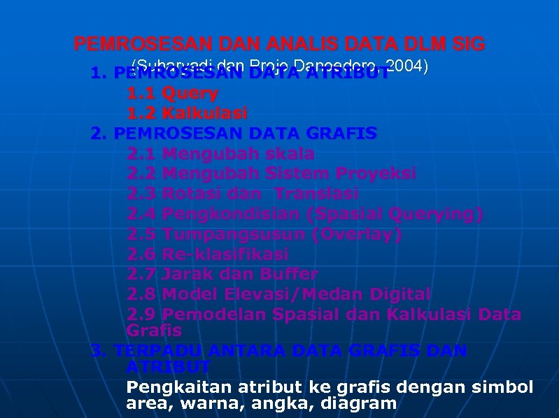 PEMROSESAN DAN ANALIS DATA DLM SIG (Suharyadi dan Projo Danoedoro, 2004) 1. PEMROSESAN DATA