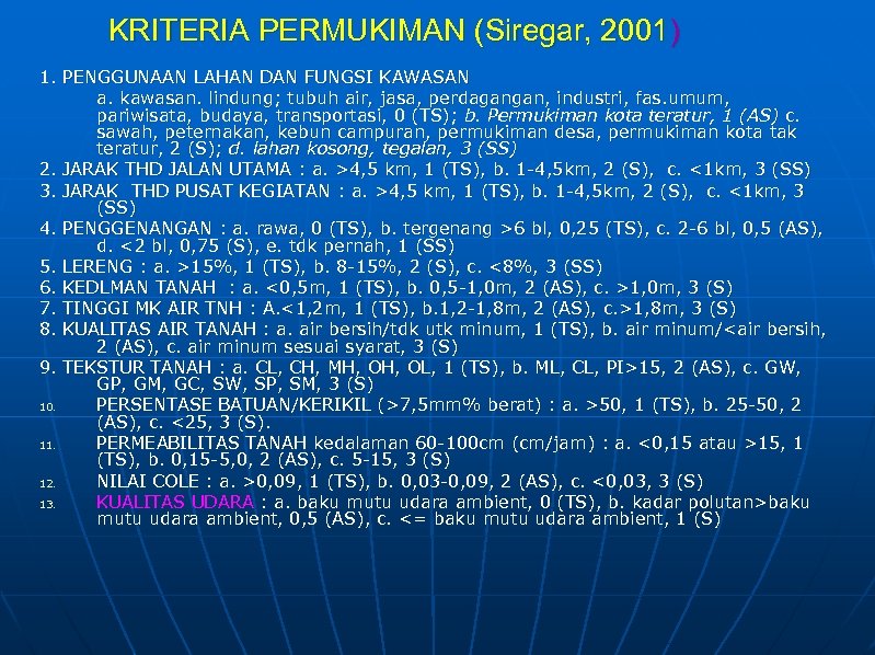 KRITERIA PERMUKIMAN (Siregar, 2001) 1. PENGGUNAAN LAHAN DAN FUNGSI KAWASAN a. kawasan. lindung; tubuh