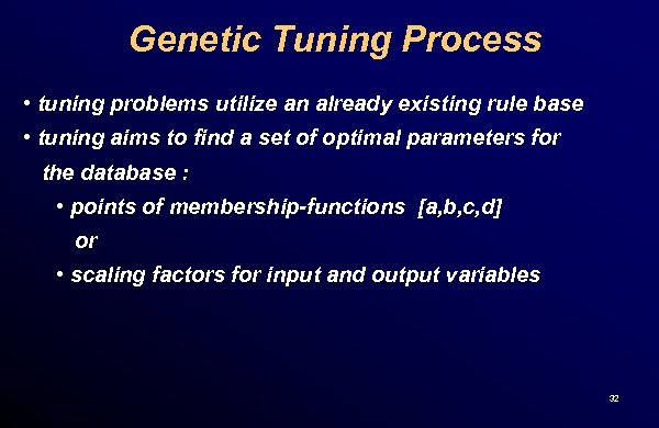 Genetic Tuning Process • tuning problems utilize an already existing rule base • tuning