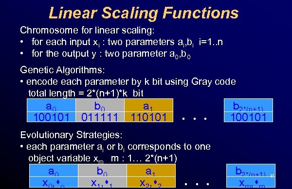 Linear Scaling Functions Chromosome for linear scaling: • for each input xi : two