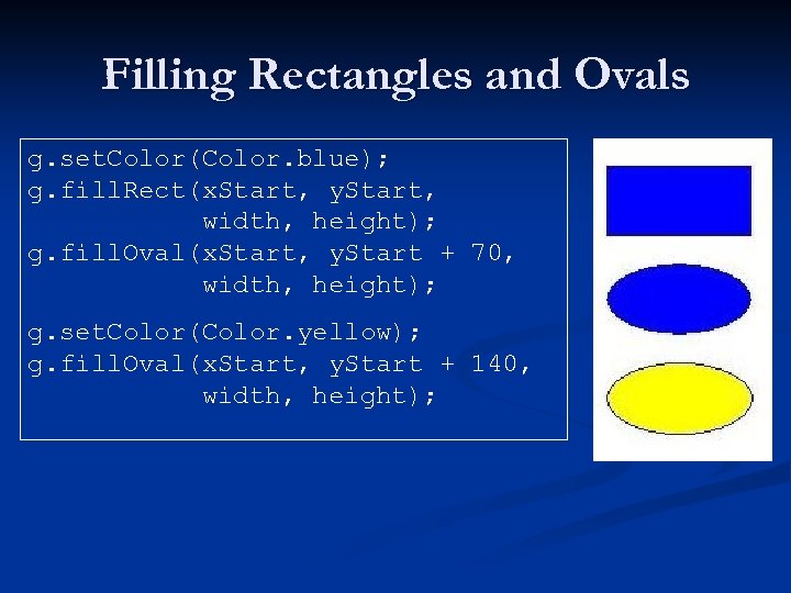 Filling Rectangles and Ovals g. set. Color(Color. blue); g. fill. Rect(x. Start, y. Start,