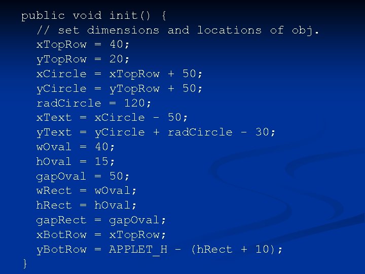  public void init() { // set dimensions and locations of obj. x. Top.