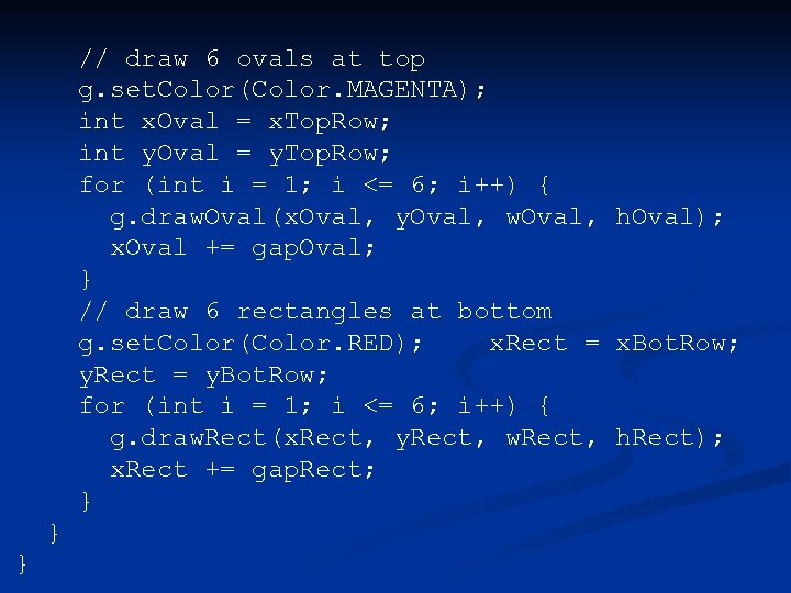  // draw 6 ovals at top g. set. Color(Color. MAGENTA); int x. Oval