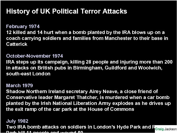 History of UK Political Terror Attacks February 1974 12 killed and 14 hurt when