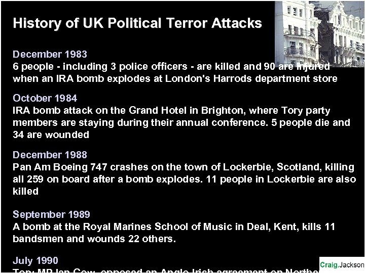 History of UK Political Terror Attacks December 1983 6 people - including 3 police