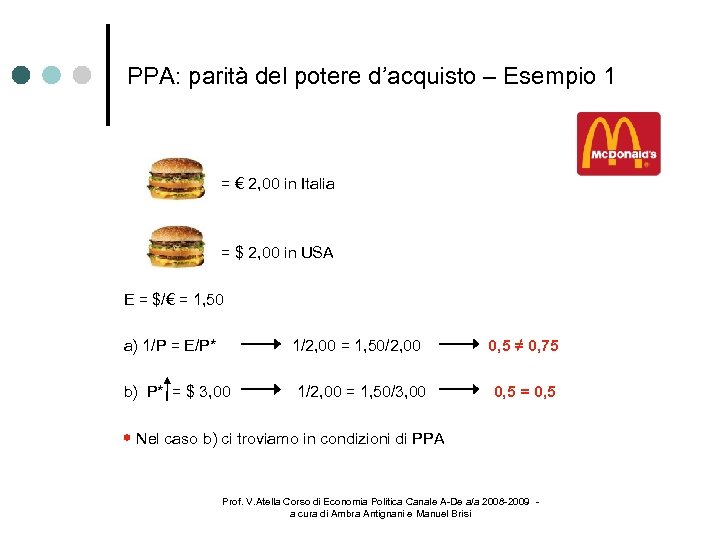 PPA: parità del potere d’acquisto – Esempio 1 = € 2, 00 in Italia