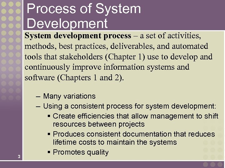 Process of System Development System development process – a set of activities, methods, best