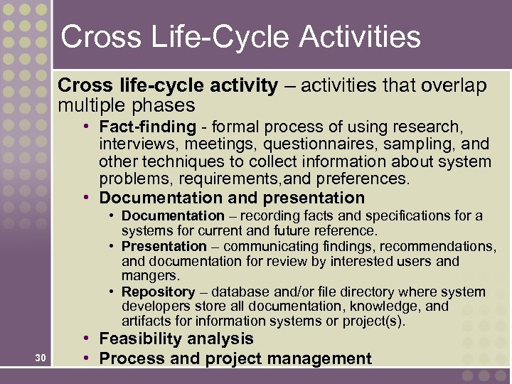 Cross Life-Cycle Activities Cross life-cycle activity – activities that overlap multiple phases • Fact-finding