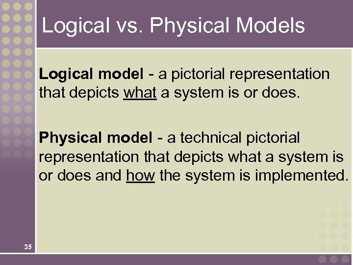 Logical vs. Physical Models Logical model - a pictorial representation that depicts what a