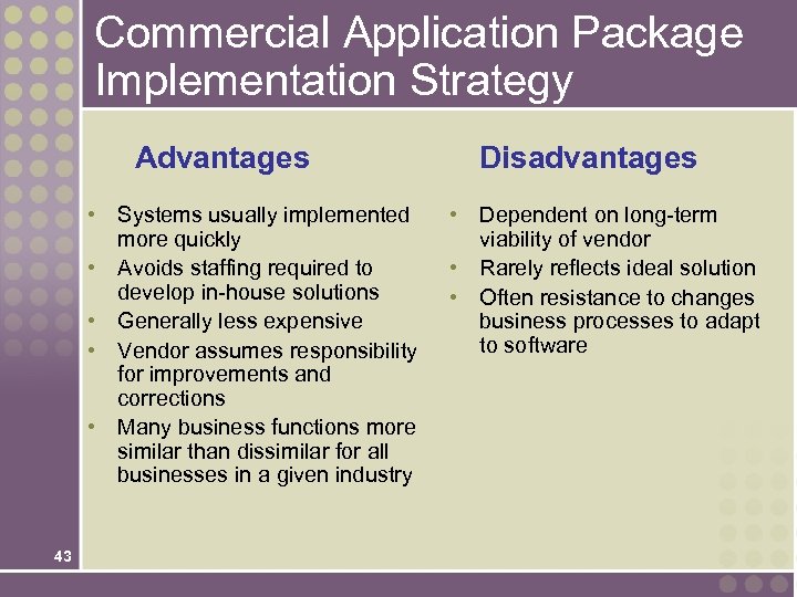 Commercial Application Package Implementation Strategy Advantages • Systems usually implemented more quickly • Avoids